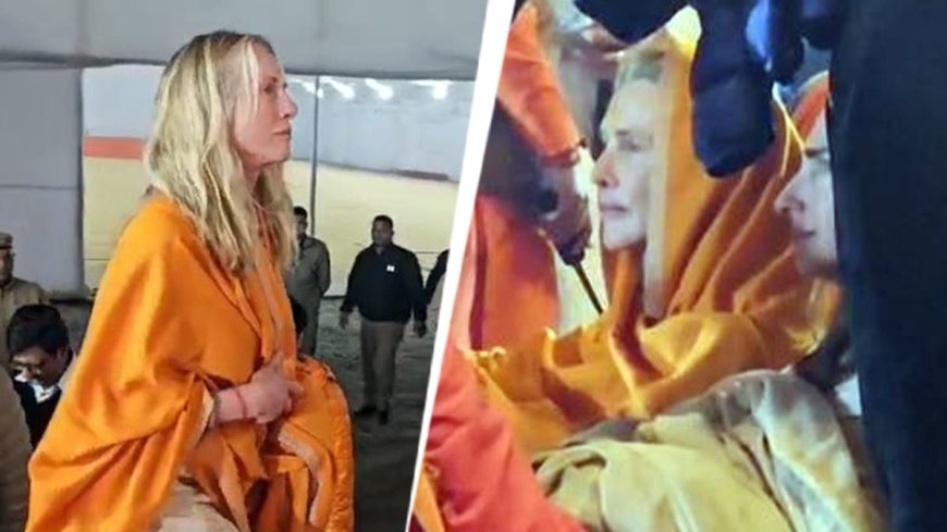 Orange dupatta on head, Steve Jobs's wife, Laurene, attends Maha Kumbh