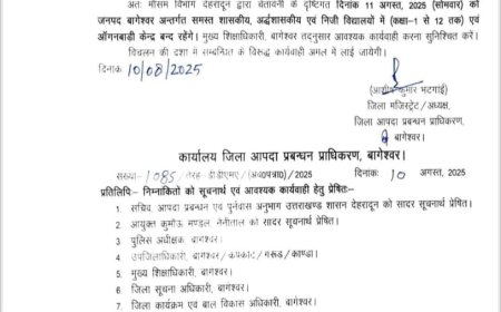 उत्तराखंड: बागेश्वर में बारिश का अलर्ट, 11 अगस्त को स्कूलों में रहेगा अवकाश