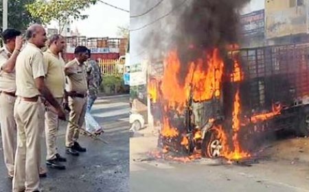 शॉर्ट-सर्किट से ट्रक में लगी भीषण आग, फायर ब्रिगेड की गाड़ियाें ने मौके पर पहुंचकर आग पर काबू पाया