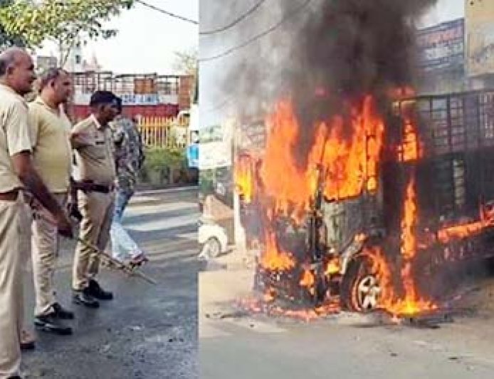 गोहाना में ट्रक में लगी भीषण आग, फायर ब्रिगेड ने समय पर भरी पानी