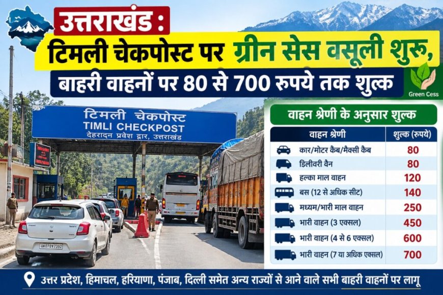 उत्तराखंड : टिमली चेकपोस्ट पर ग्रीन सेस वसूली शुरू, बाहरी वाहनों पर 80 से 700 रुपये तक शुल्क